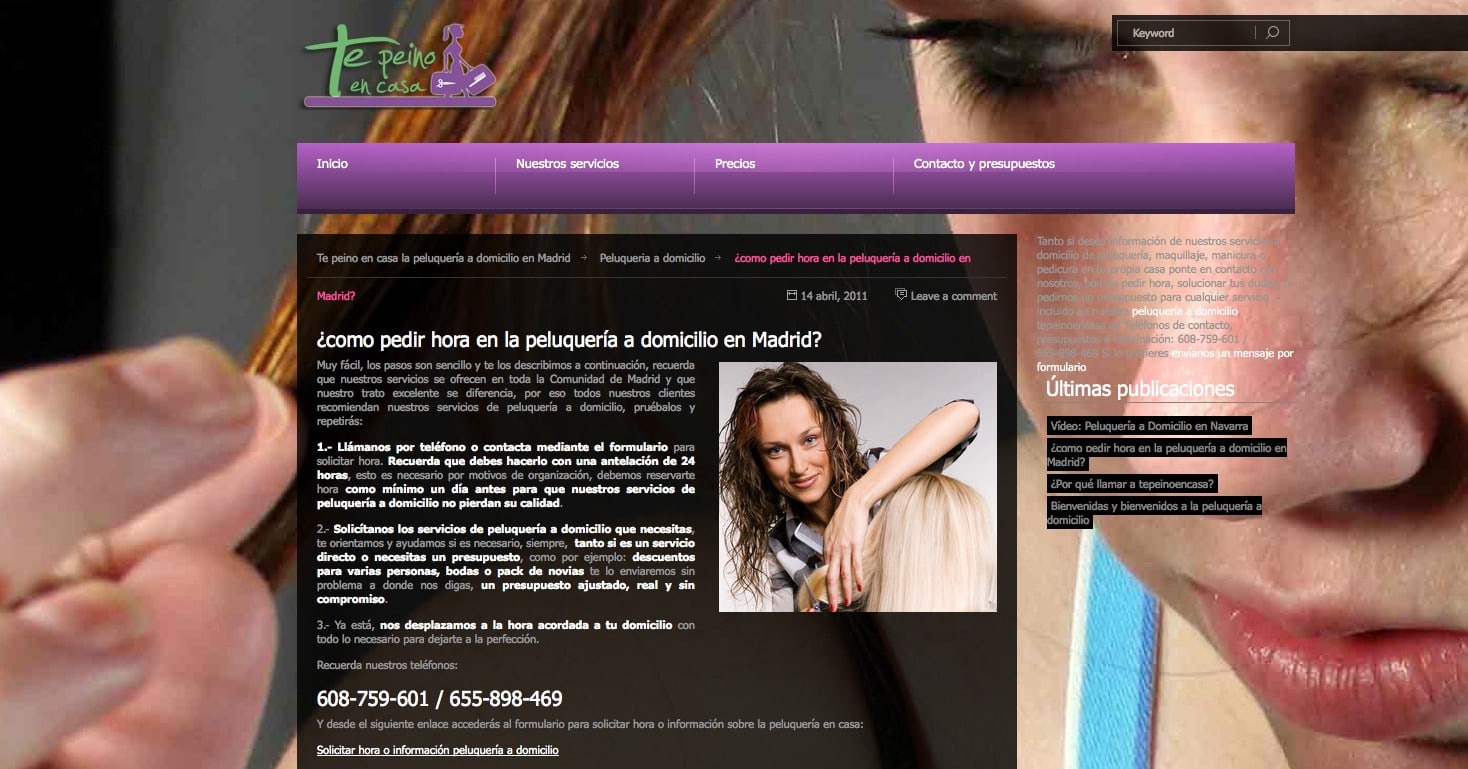 Diseño de página web: Tepeinoencasa.es Peluquería a domicilio en Madrid