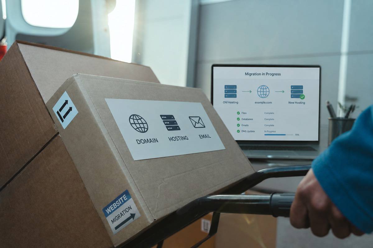 Persona revisando una migración de hosting con web, correo corporativo y dominio