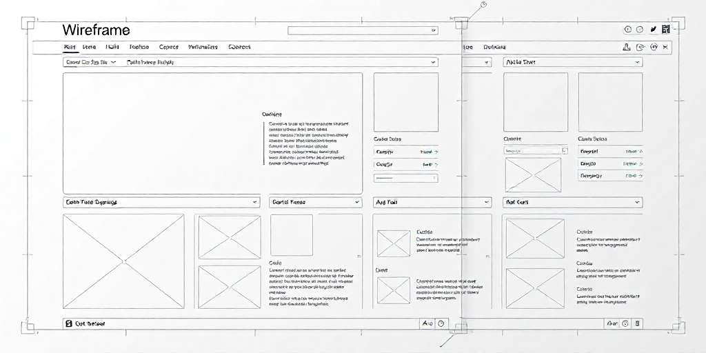 Wireframe de una página web con cabecera, contenidos, botones y formulario